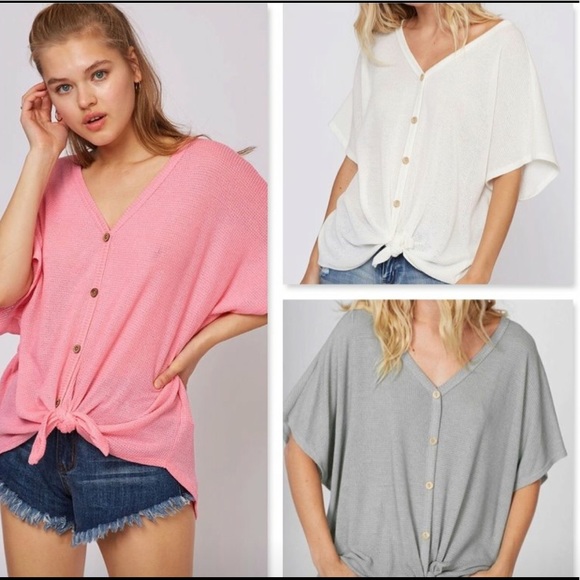 Pink Peplum Boutique Tops - Waffle knit short sleeve button knot twist top
